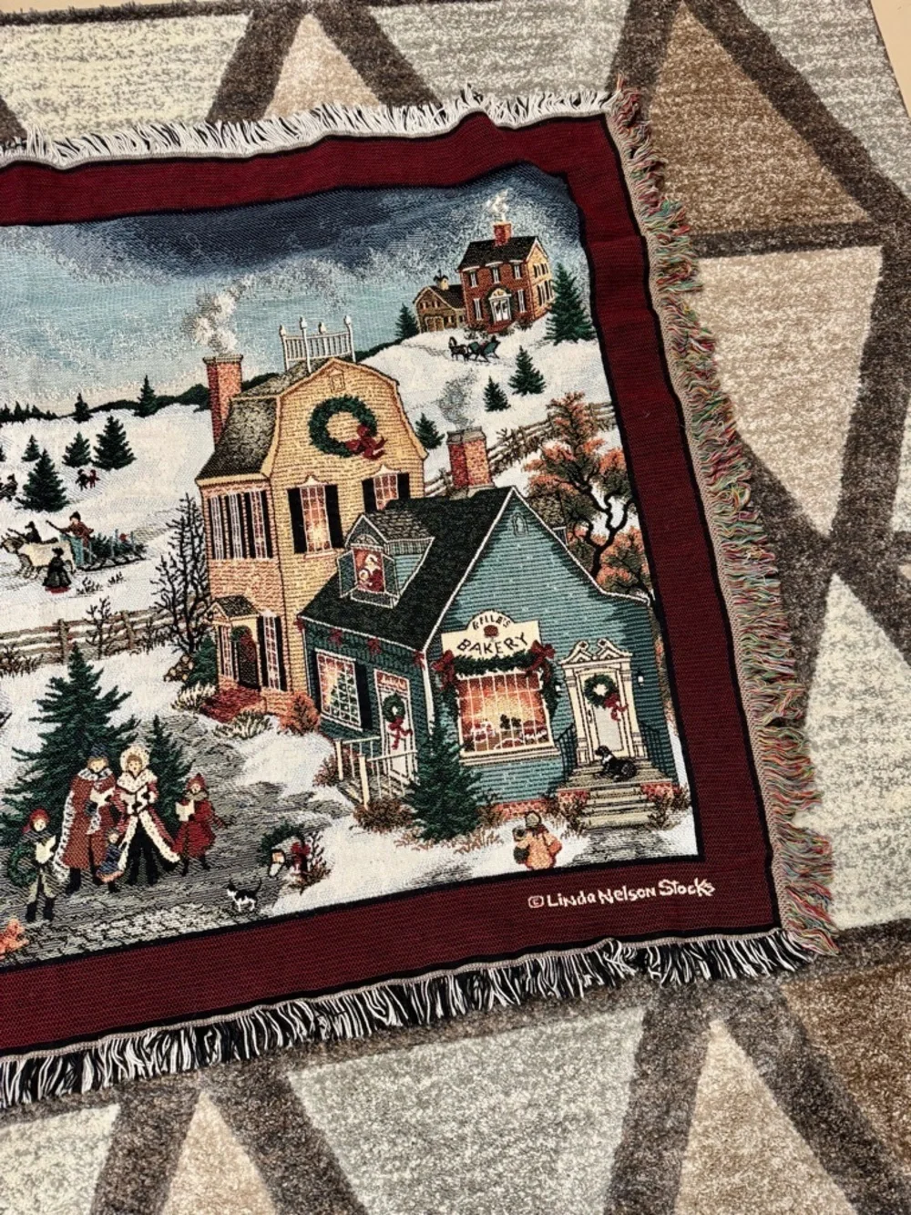 Holiday Village Tapestry Throw Blanket Linda Nelson Stocks by Goodwin Weavers